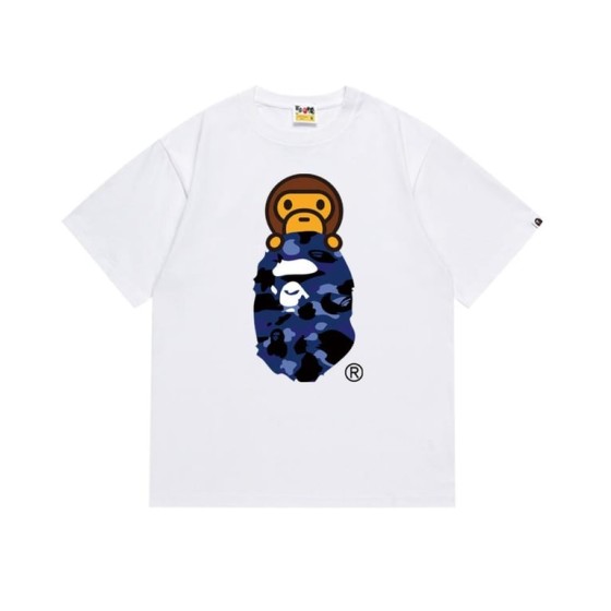 White BAPE T-Shirt with Blue Camo Ape Head and Baby Milo